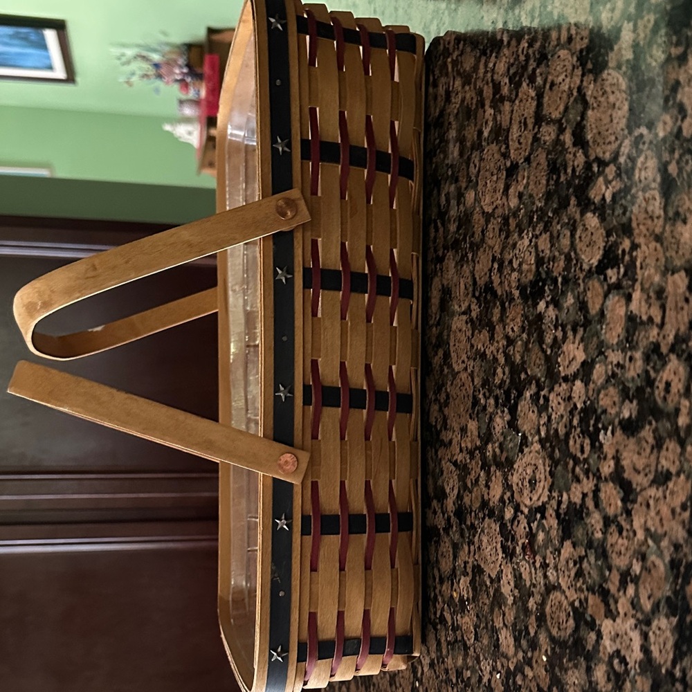Longaberger Tan, navy and red Tote